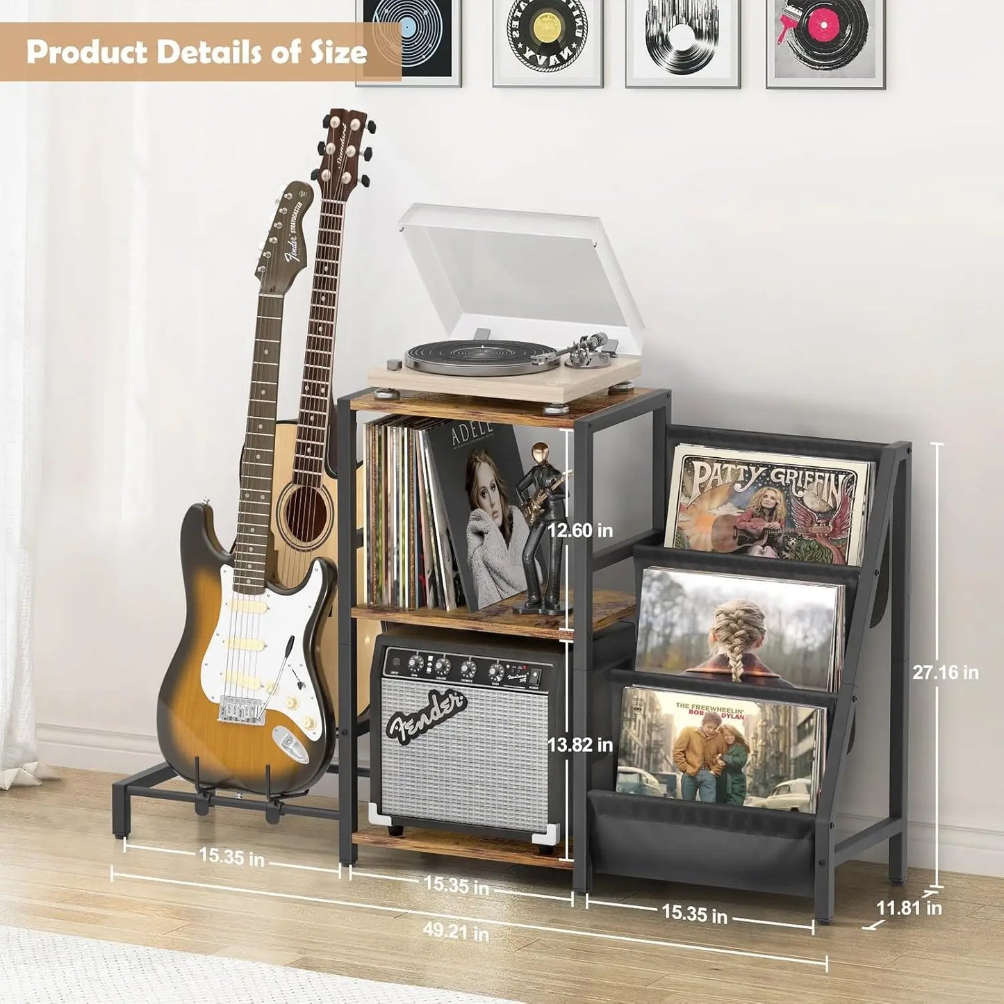 3-Tier Vinyl Record Storage And Guitar Stand With Amp Shelf