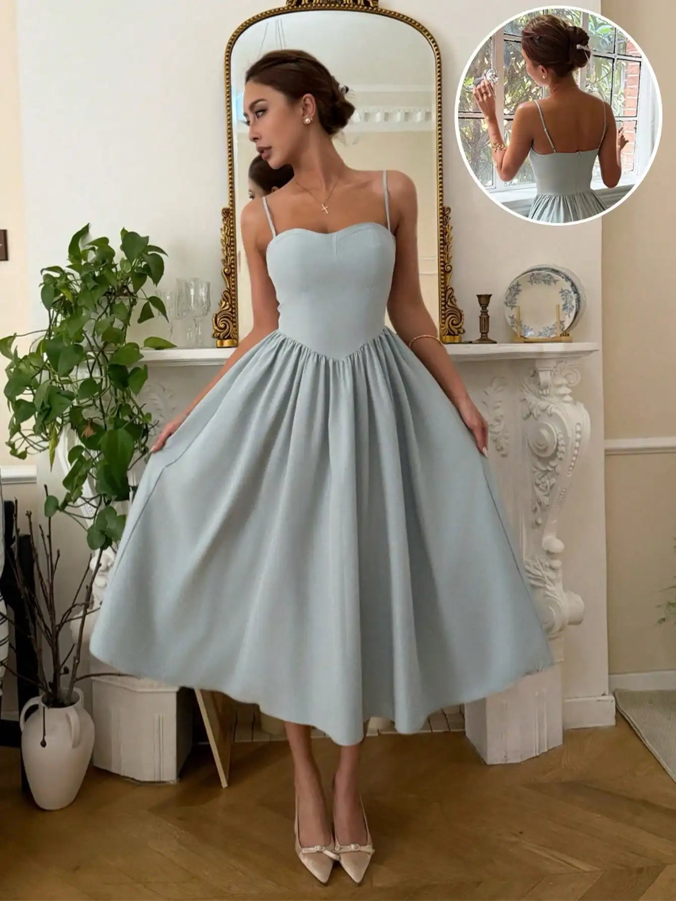 Spaghetti Strap Flared Midi Dress For Women Elegant Party Wear