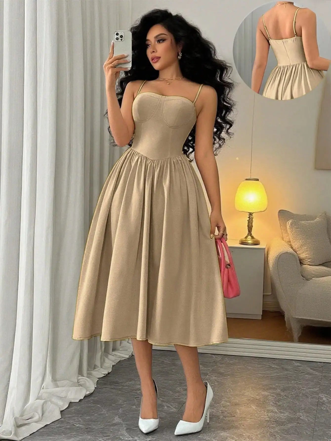Spaghetti Strap Flared Midi Dress For Women Elegant Party Wear