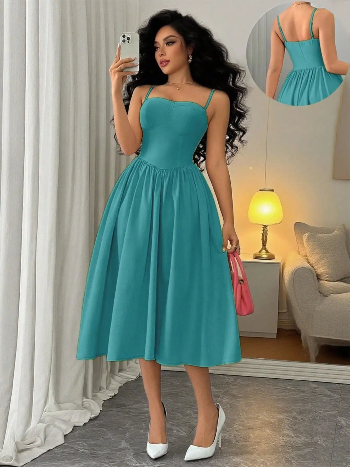 Spaghetti Strap Flared Midi Dress For Women Elegant Party Wear