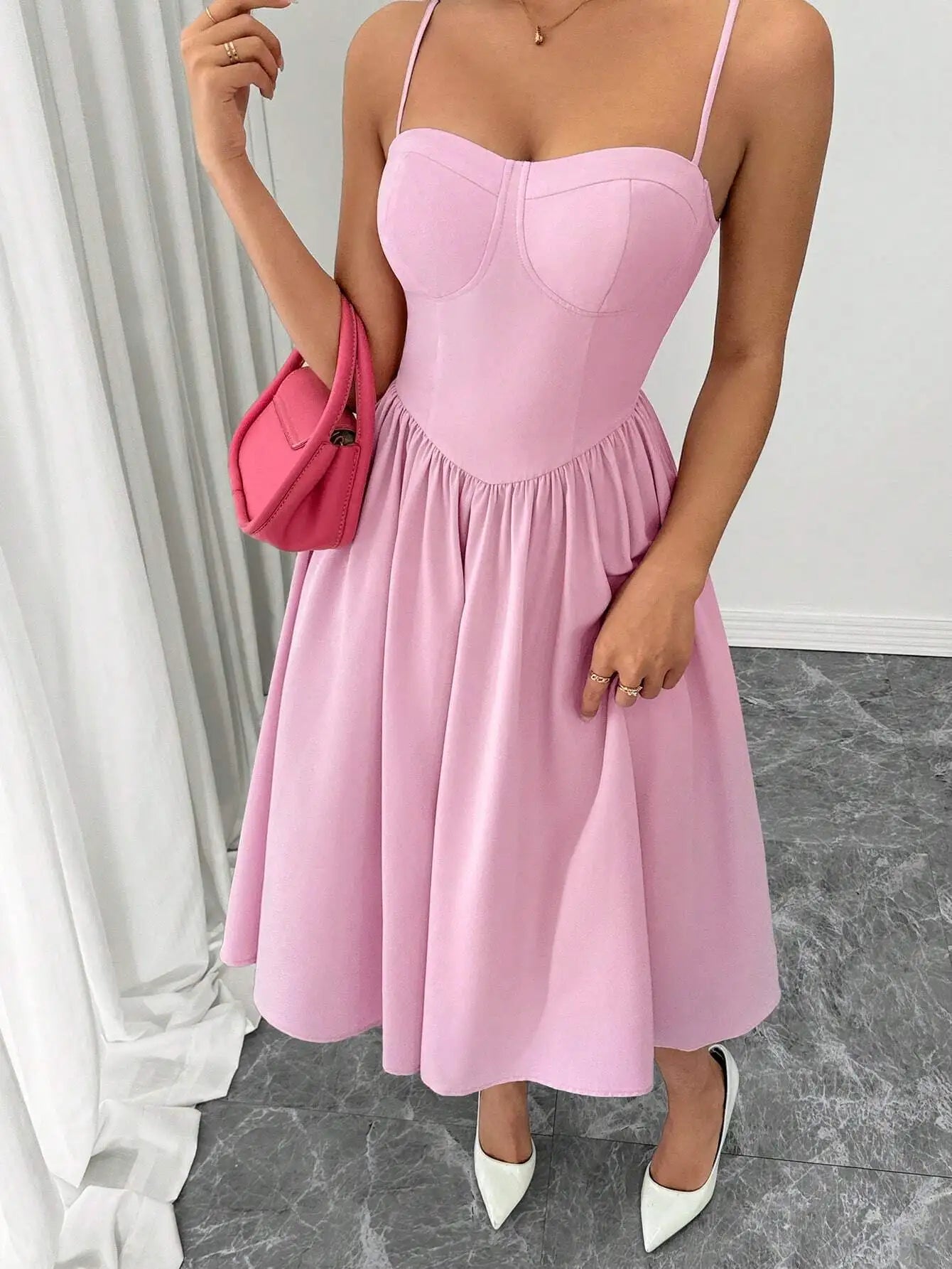 Spaghetti Strap Flared Midi Dress For Women Elegant Party Wear