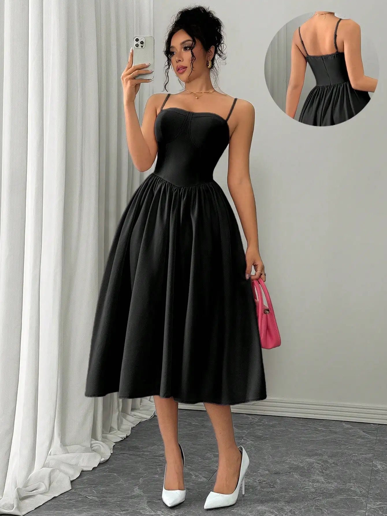 Spaghetti Strap Flared Midi Dress For Women Elegant Party Wear