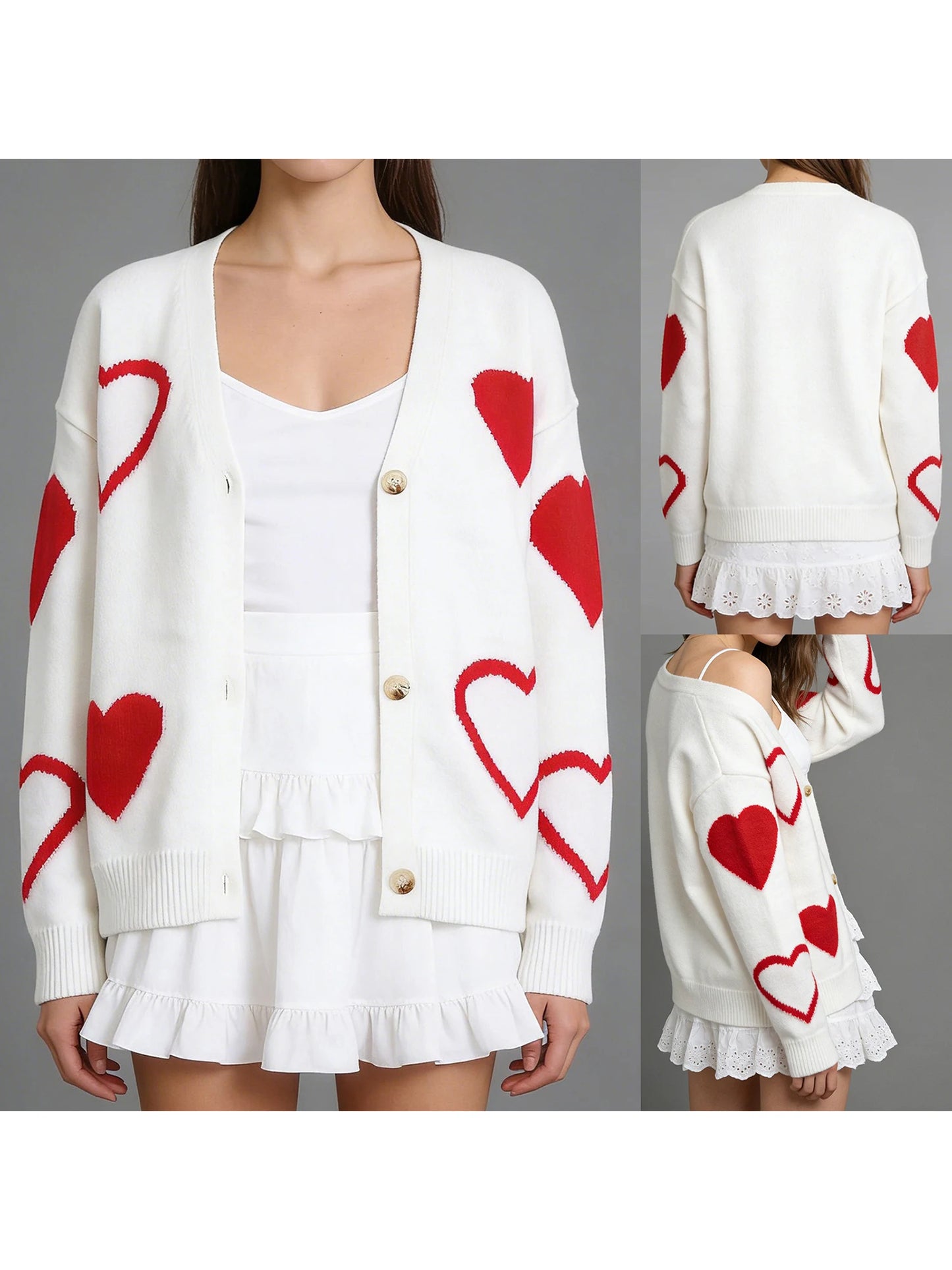 XBTCLXEBCOCN Womens Valentine Heart Print Cardigan Sweater