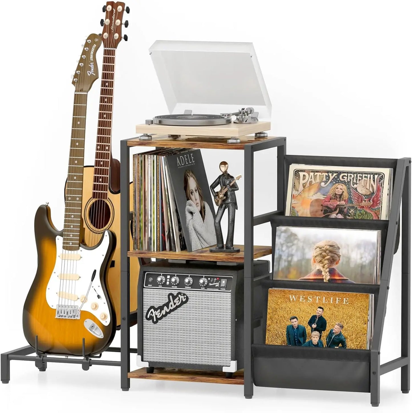3-Tier Vinyl Record Storage And Guitar Stand With Amp Shelf