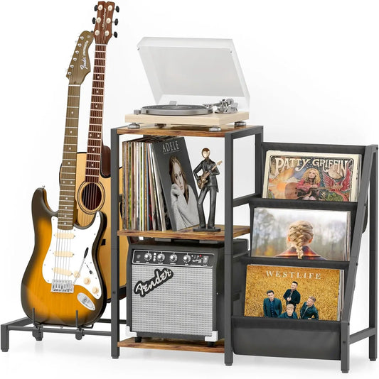 3-Tier Vinyl Record Storage And Guitar Stand With Amp Shelf