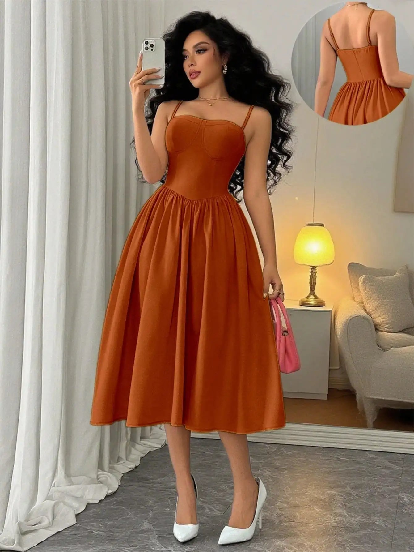 Spaghetti Strap Flared Midi Dress For Women Elegant Party Wear