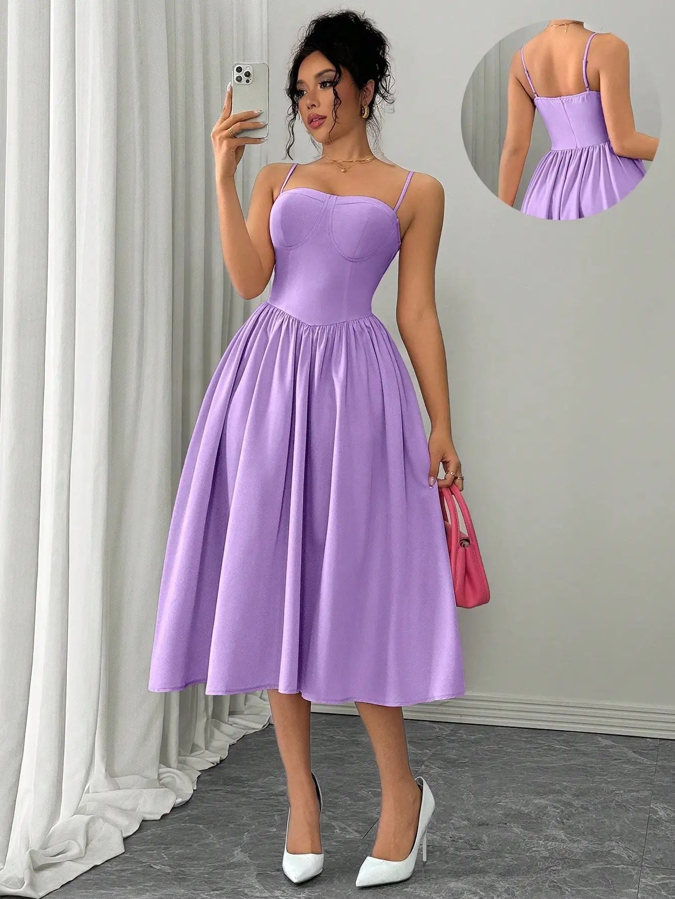 Spaghetti Strap Flared Midi Dress For Women Elegant Party Wear
