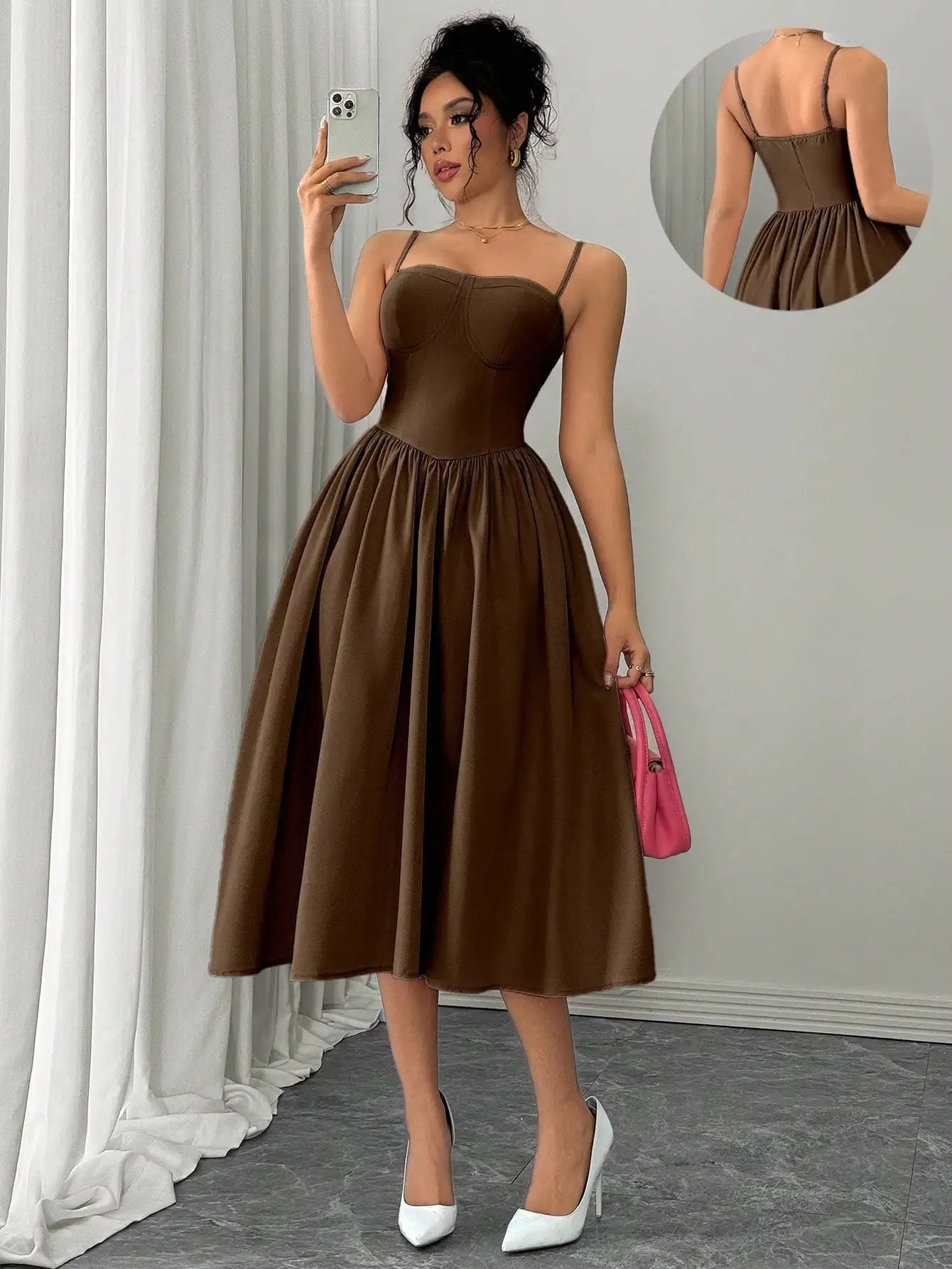 Spaghetti Strap Flared Midi Dress For Women Elegant Party Wear