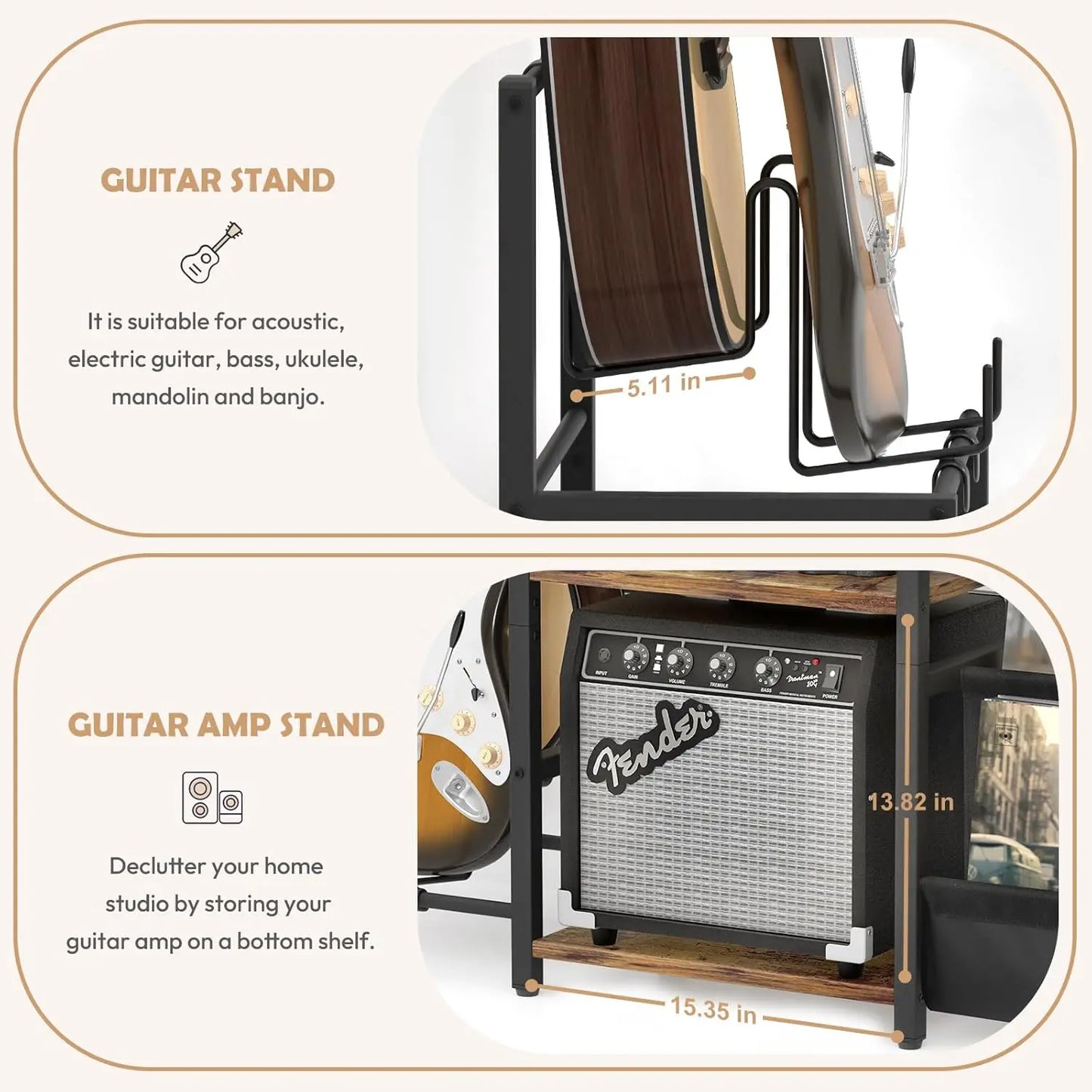 3-Tier Vinyl Record Storage And Guitar Stand With Amp Shelf